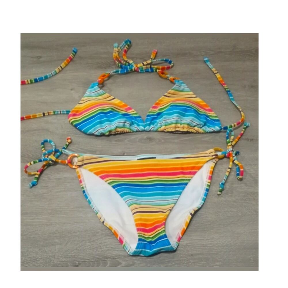 Y2K Joe Boxer Multicolored Striped Bikini Size Medium Coconut Girl